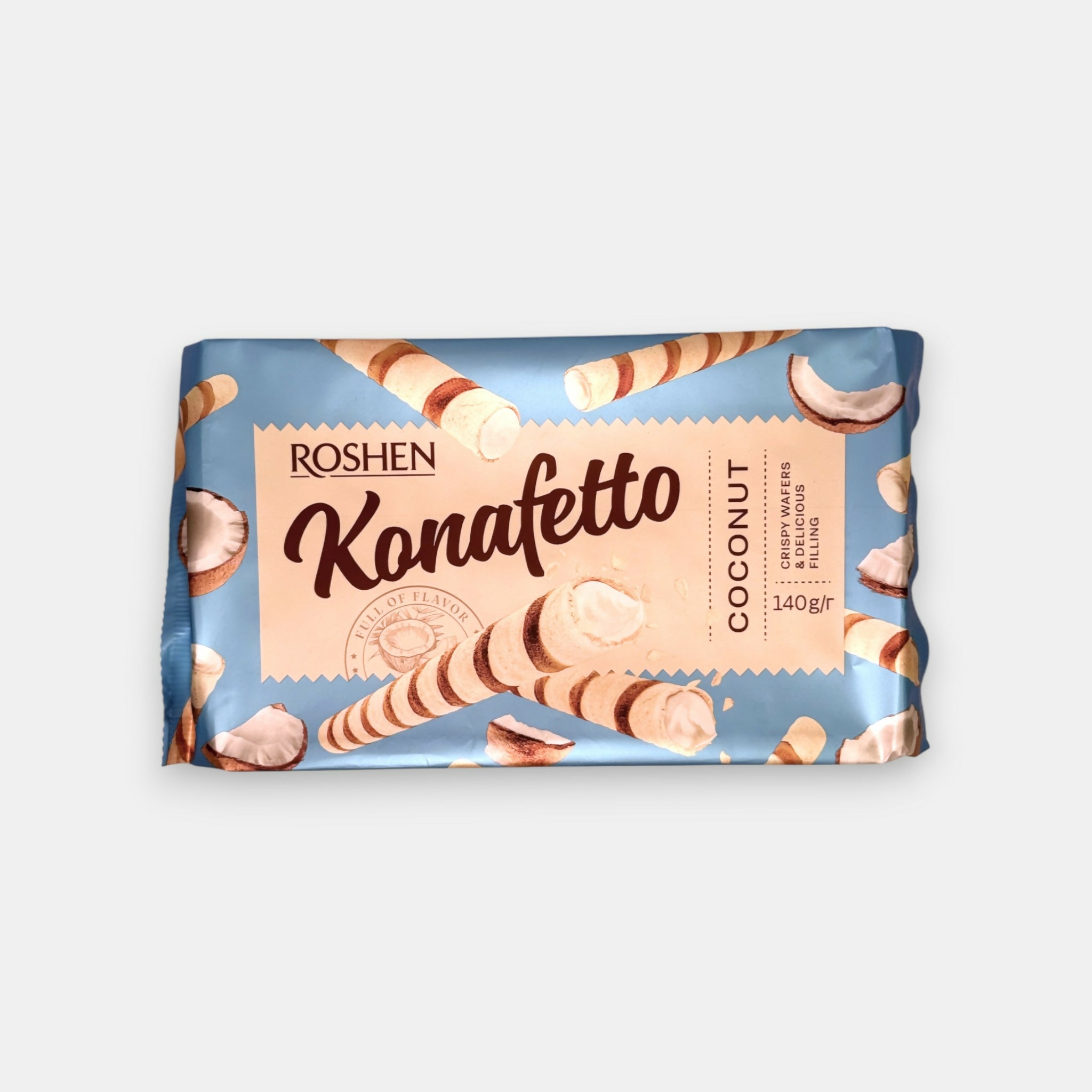 Rouleaux gaufrés Roshen à la crème coco, 140 g — gaufrettes croustillantes fourrées d’une douce crème de coco, spécialité slave disponible chez Pomo.bio, magasin slave à Paris.