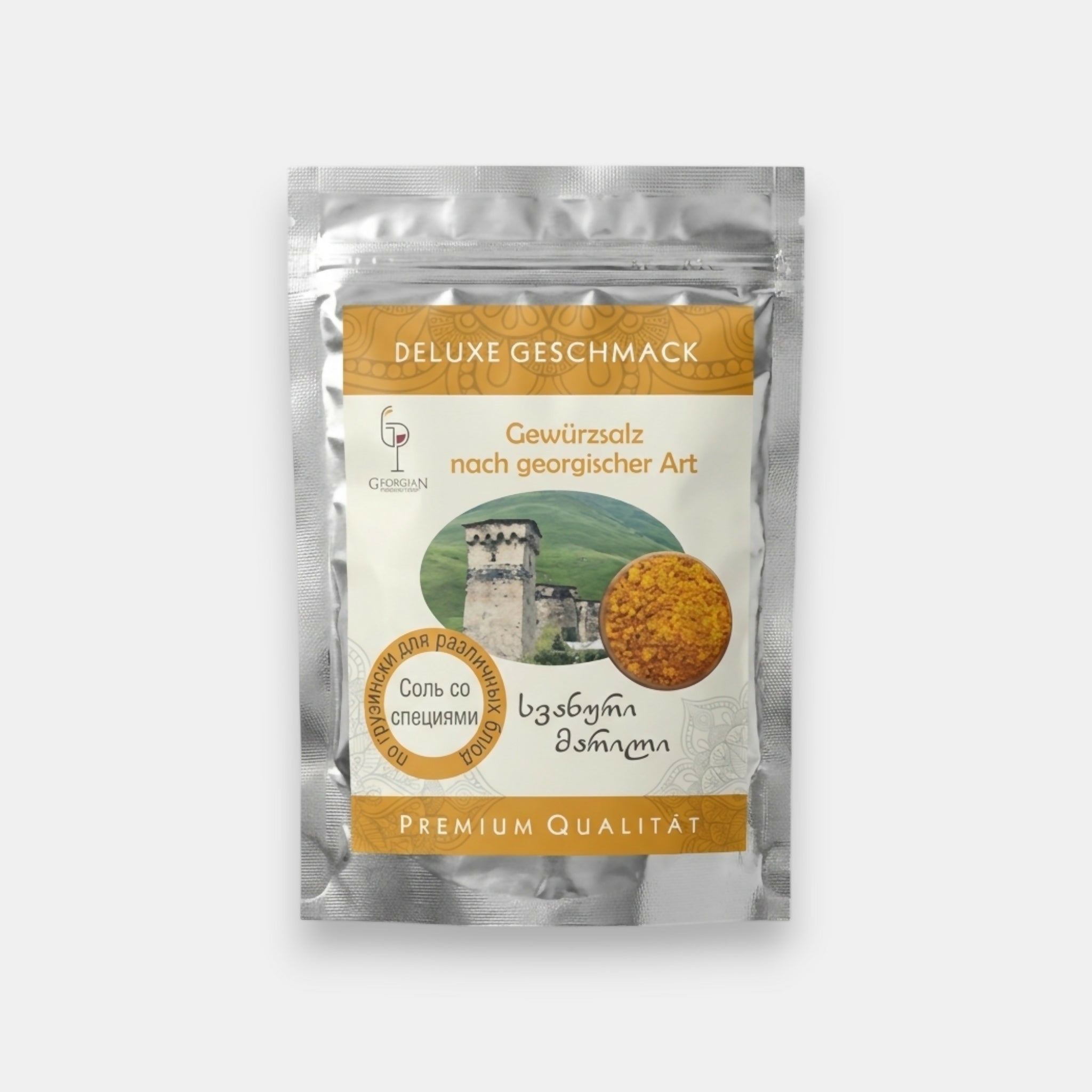Sachet de sel svane géorgien aux épices et herbes aromatiques Georgian Production, assaisonnement traditionnel, disponible sur Pomo.bio, épicerie slave à Paris