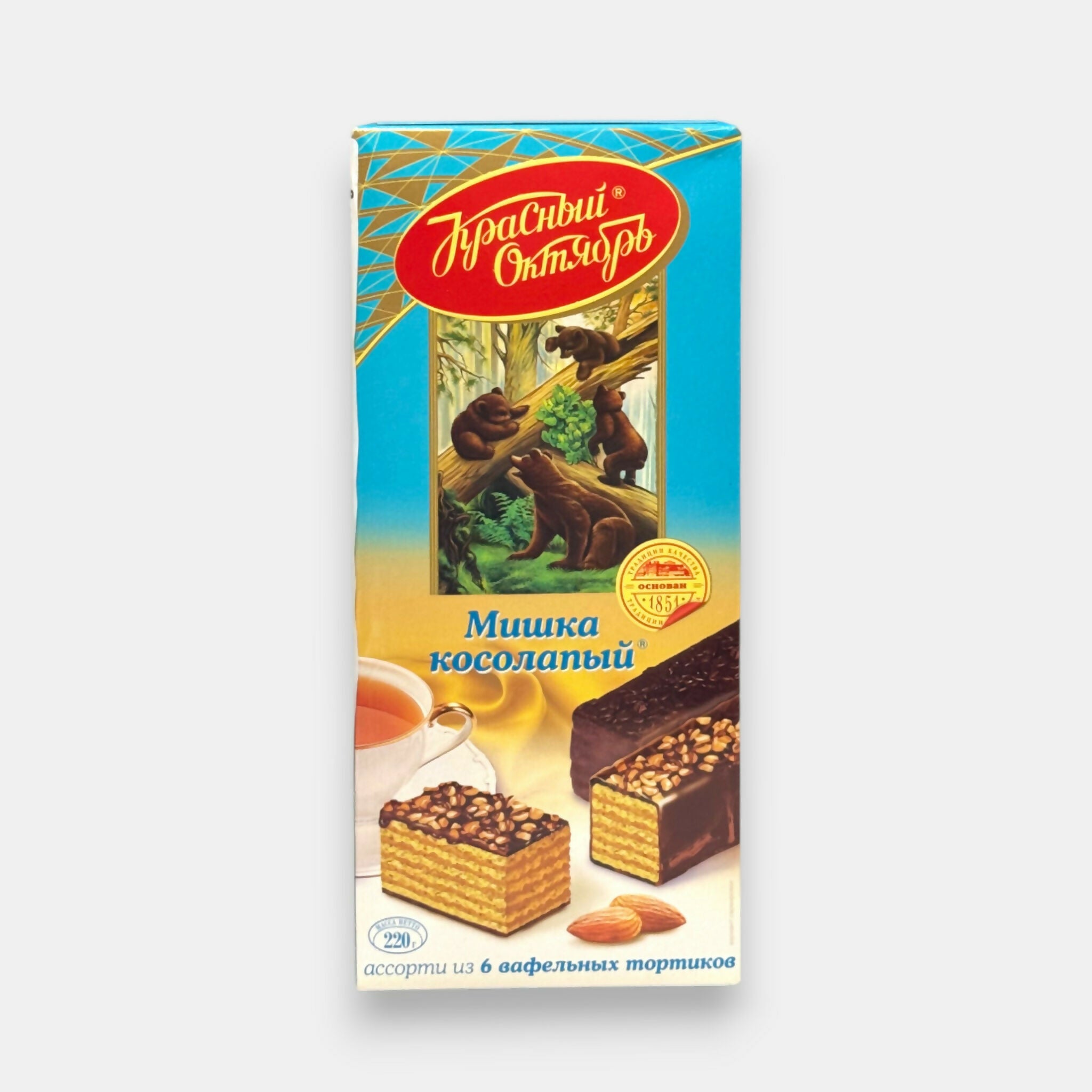Gâteau gaufré Mishka Kosolapy, Krasny Oktyabr, 250 g — pâtisserie russe aux gaufrettes et crème pralinée