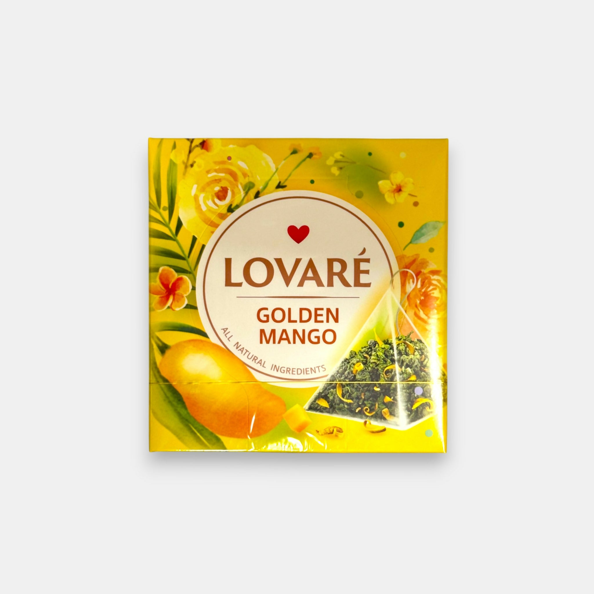 Boîte de thé vert Lovare Golden Mango en pyramides, 15 sachets — thé aux pétales de fleurs et arôme exotique de mangue. Pomo.bio, livraison rapide à Paris.