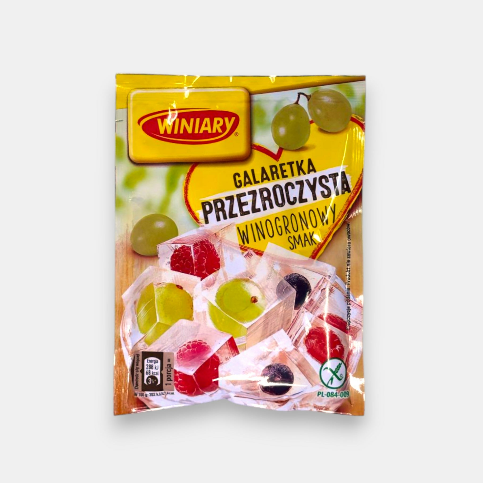Préparation pour gelée goût raisin Winiary Galertka en sachet, emballage vu de face, gelée transparente pour desserts fruités, épicerie slave Pomo.bio à Paris, livraison rapide à Paris