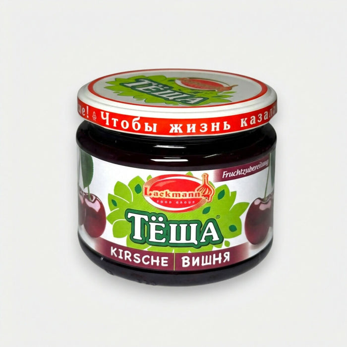 Confiture de cerise Tiochtcha 350 g, bocal en verre avec cerises visibles sur l’étiquette, confiture fruitée d’épicerie slave sur Pomo.bio, livraison rapide à Paris
