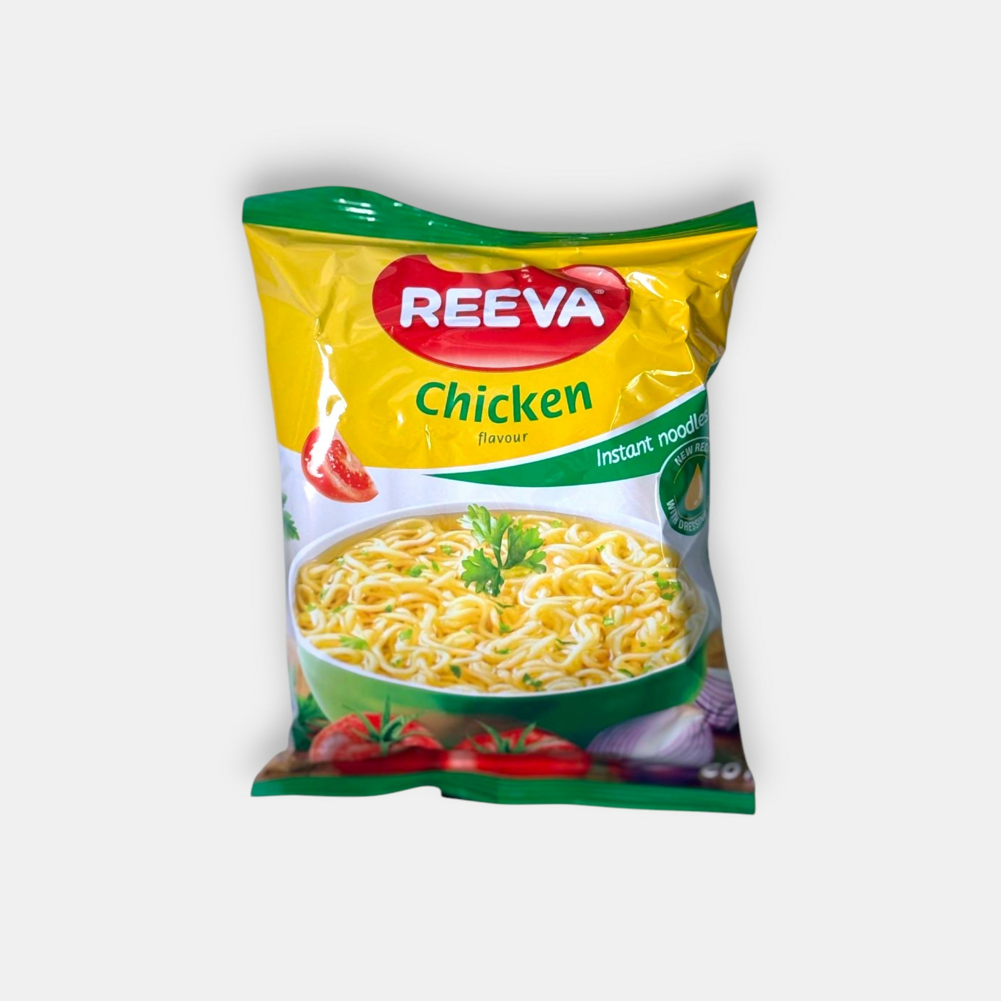 Nouilles instantanées goût poulet Reeva en sachet, nouilles rapides à préparer pour repas express, produit d’épicerie slave proposé par Pomo.bio avec livraison rapide à Paris