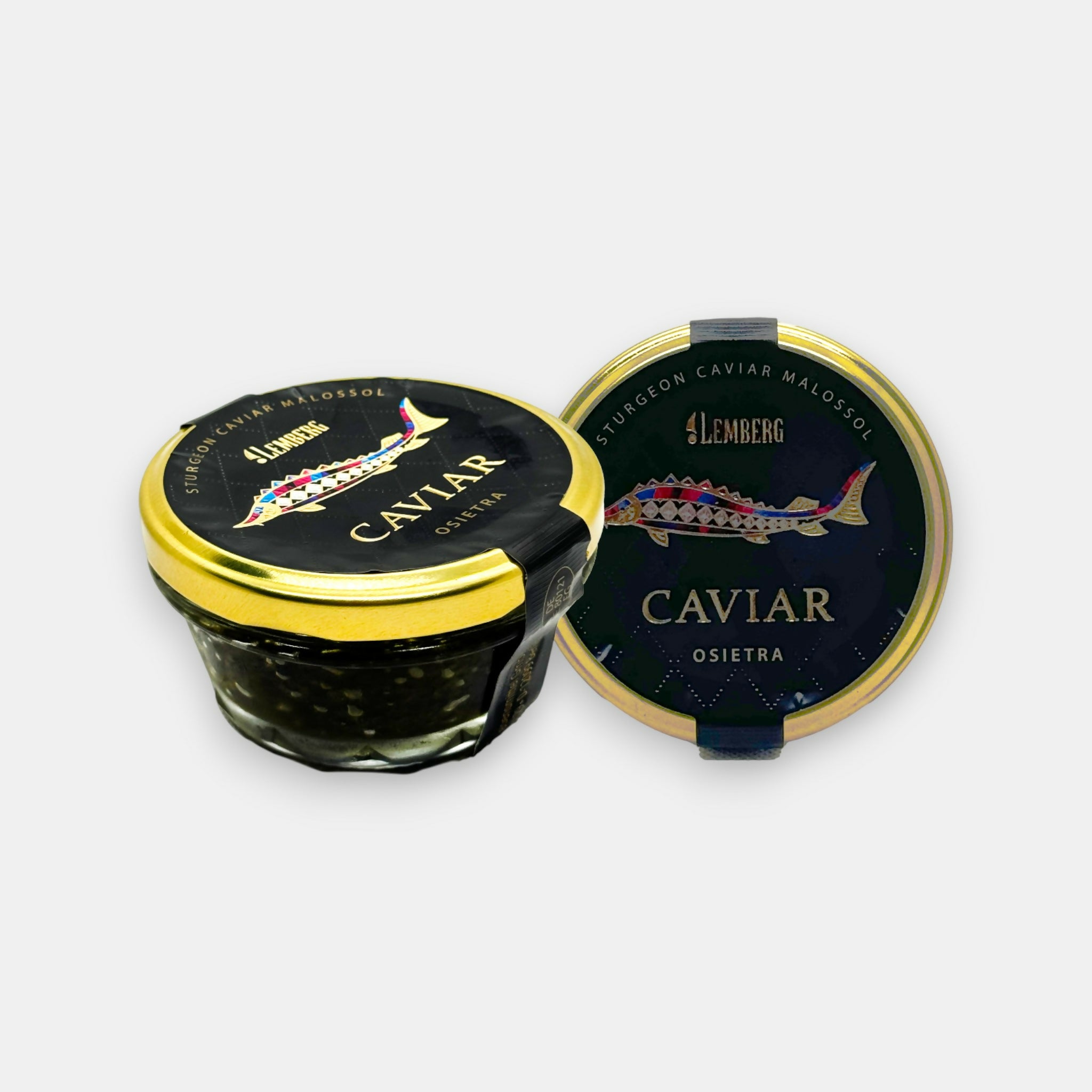 Pot de caviar d’esturgeon raffiné, vue de face avec couvercle ouvert, produit d’épicerie slave à Paris — livraison rapide Pomo.bio.