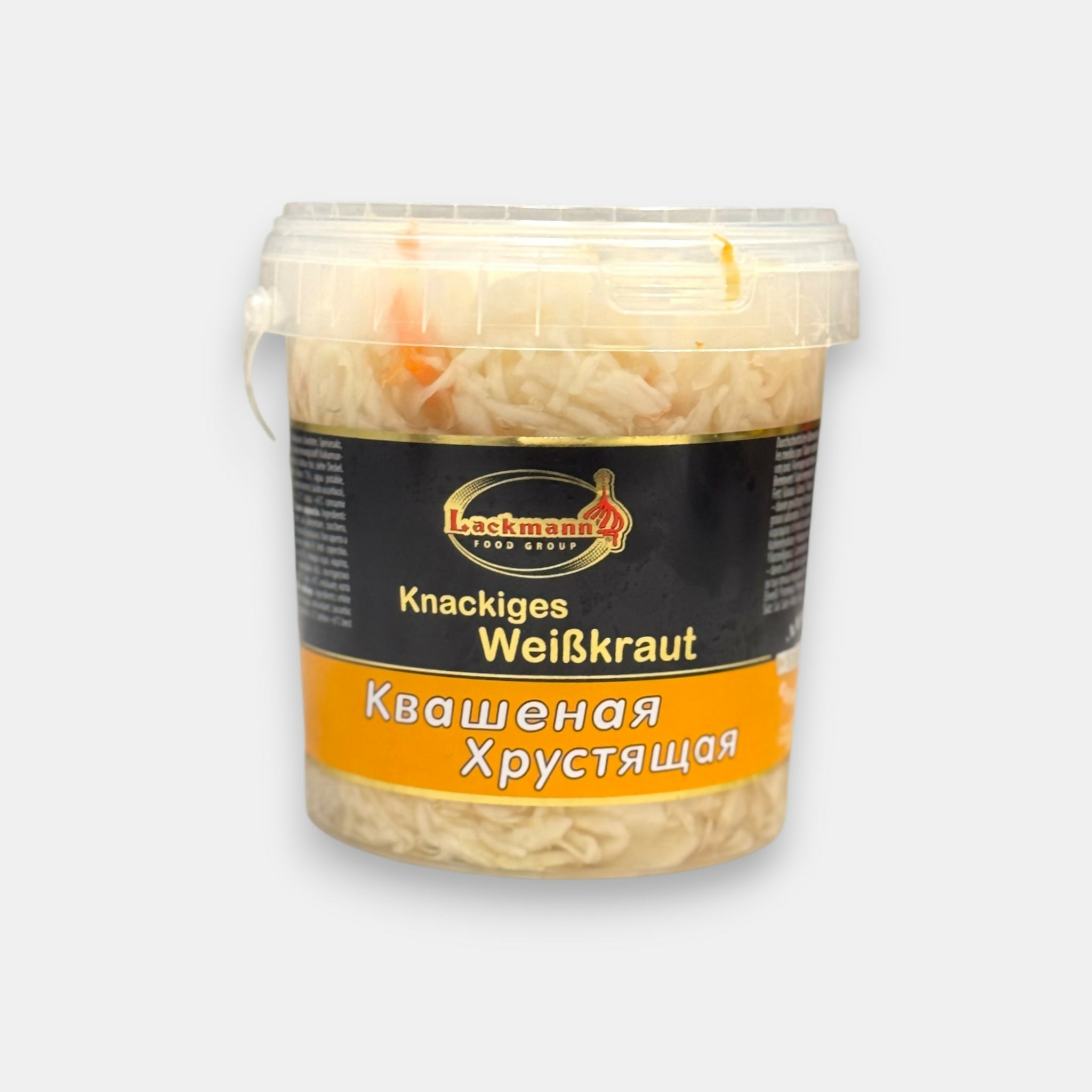 Choucroute fermentée Khrustyashchaya Lackmann en pot plastique, chou blanc fermenté croquant, spécialité d’épicerie slave proposée par Pomo.bio avec livraison rapide à Paris