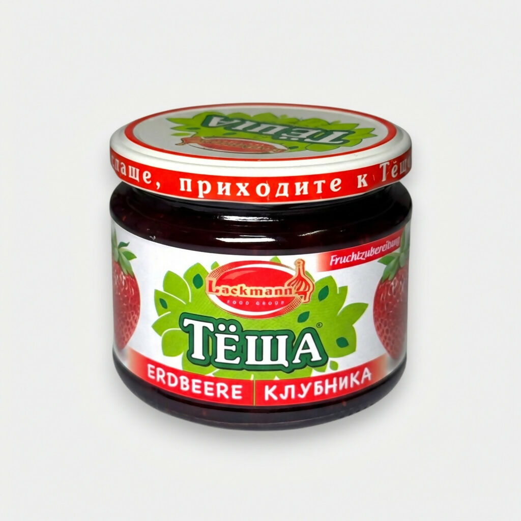 Confiture de fraise Tiochtcha 350 g, bocal en verre avec fraises sur l’étiquette, confiture douce d’épicerie slave sur Pomo.bio, livraison rapide à Paris