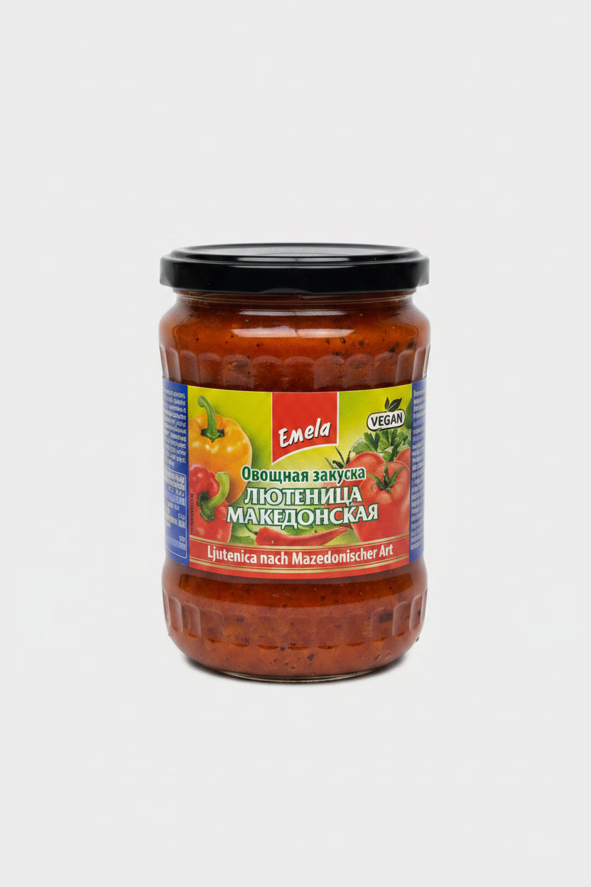 Bocal de lütenica makedonska «Emela» 550 g, préparation de légumes traditionnelle d'Europe de l'Est