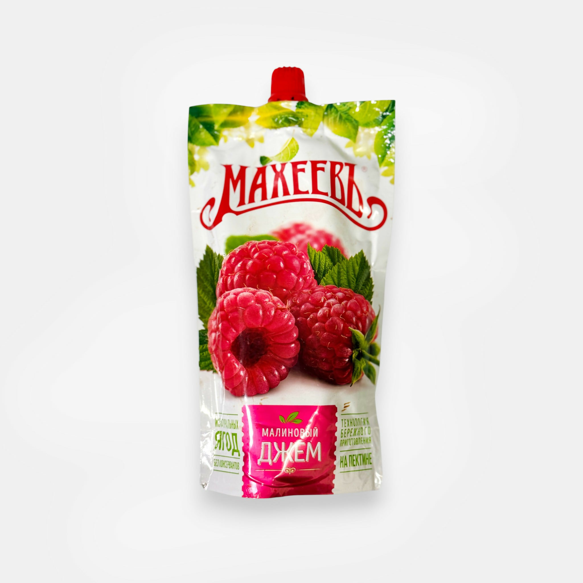 Sachet de confiture de framboises «Makheev», 300 g — confiture à la texture épaisse et au goût naturellement acidulé. Disponible sur Pomo.bio.
