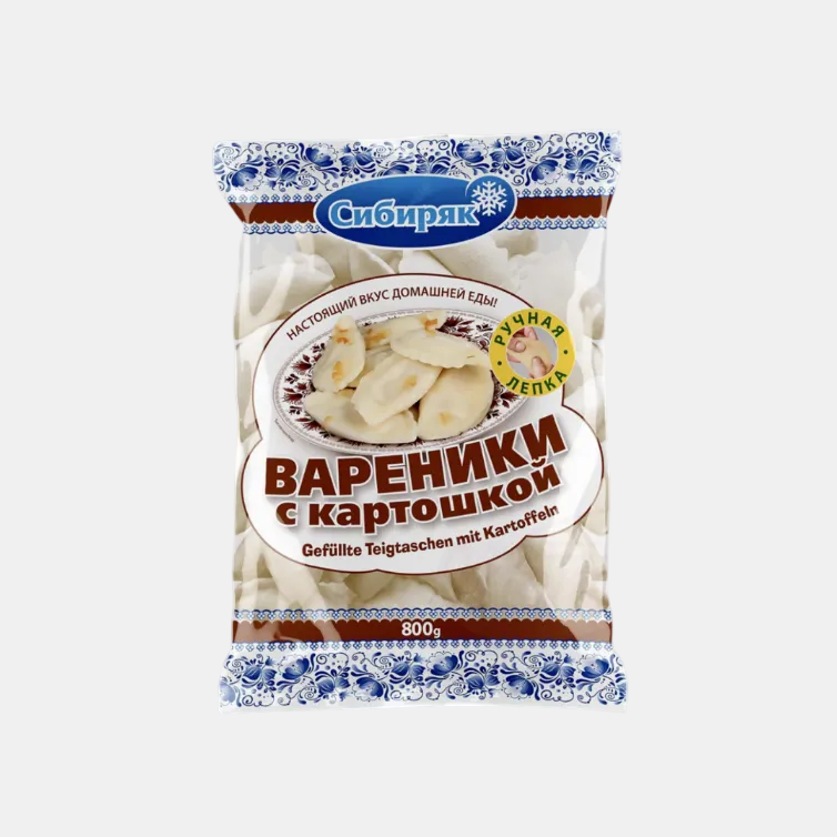 Vareniki Sibiryak à la pomme de terre 800 g — emballage vue de face, épicerie d'Europe de l'Est à Nice