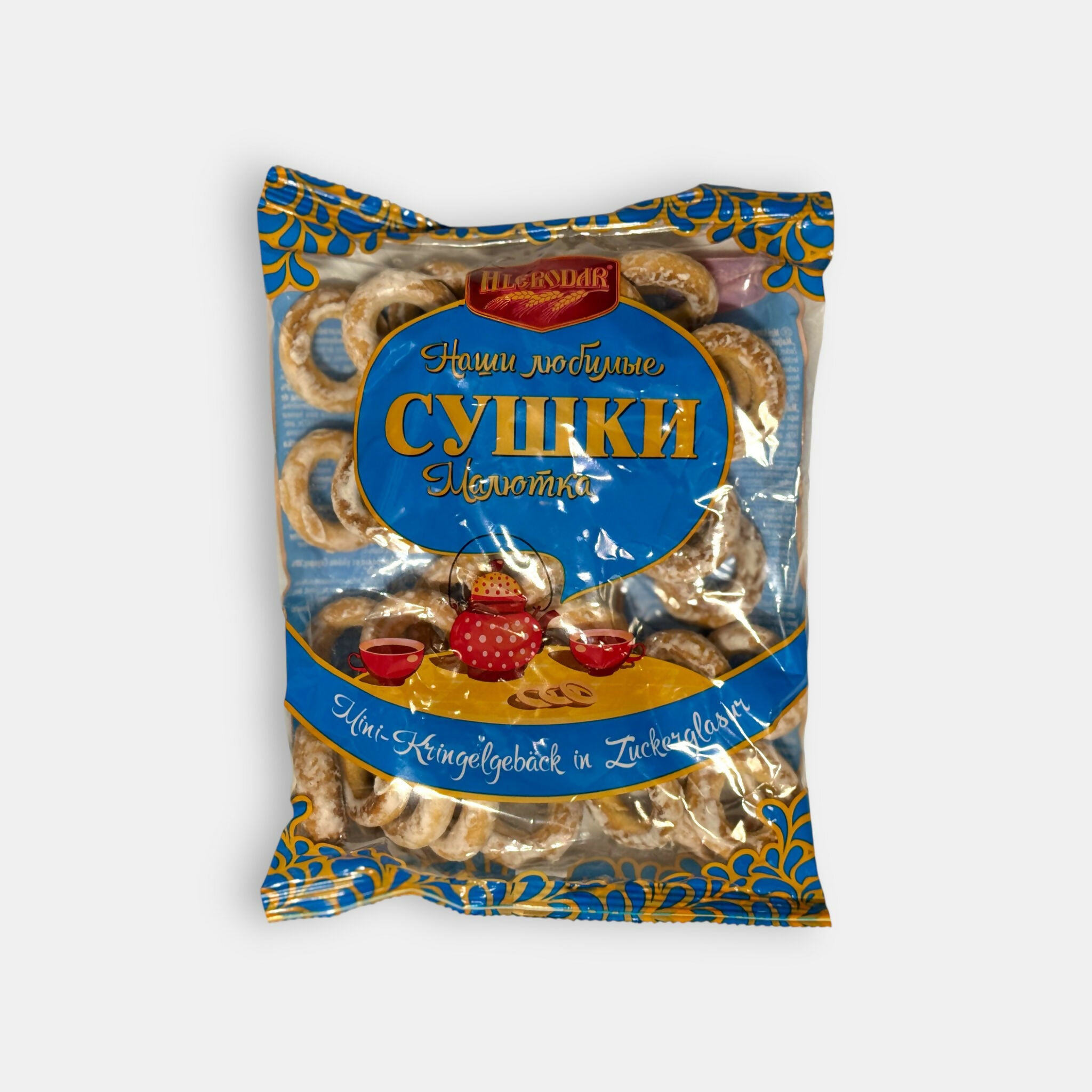 Vue de face d’un sachet de mini-sushki glacés « Malyutka », 220 g, biscuits sucrés croustillants, spécialité d’épicerie slave Pomo.bio avec livraison rapide à Paris.