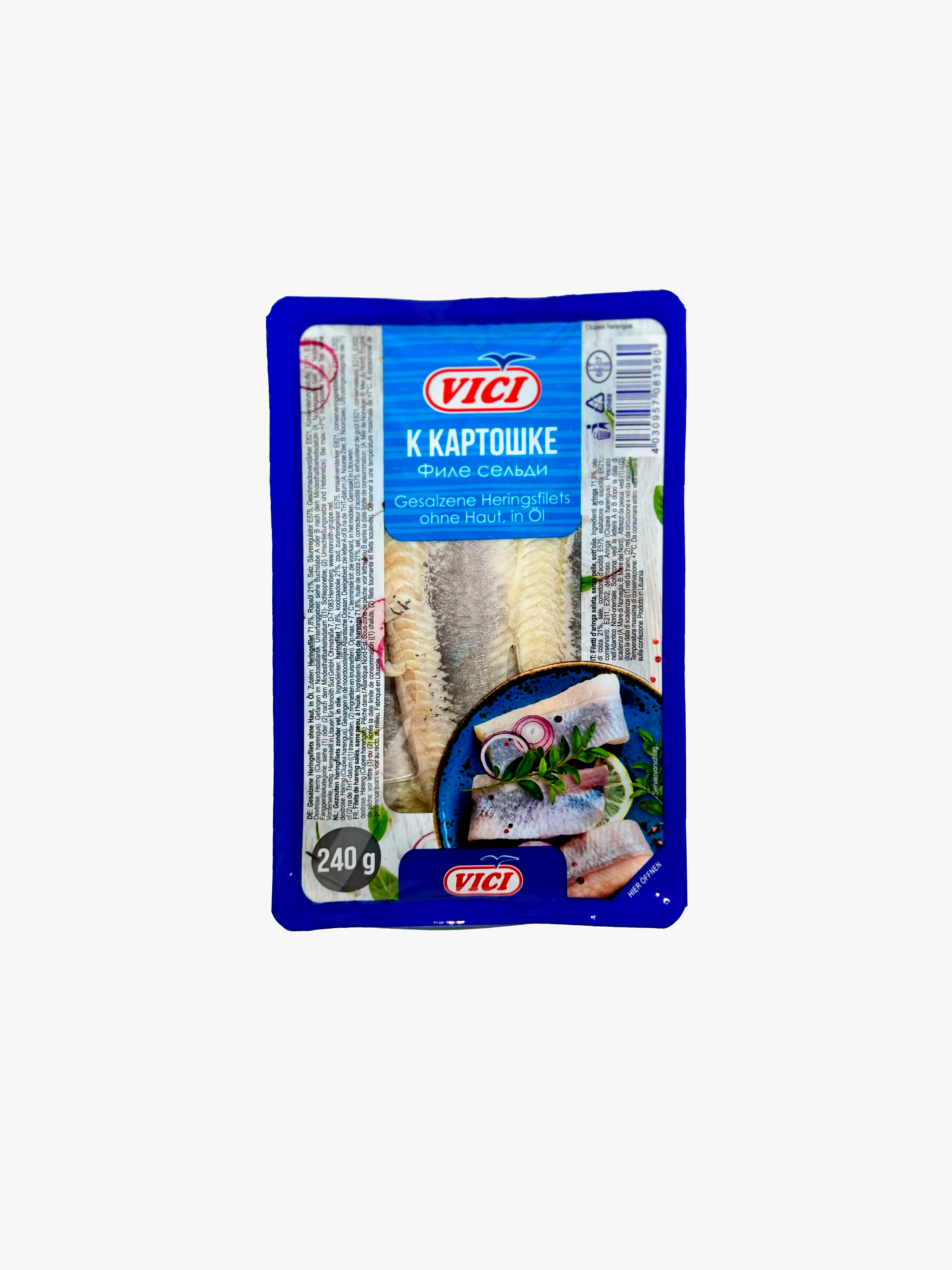 Filets de hareng salés sans peau à l'huile VICI 240 g — vue de face de l'emballage