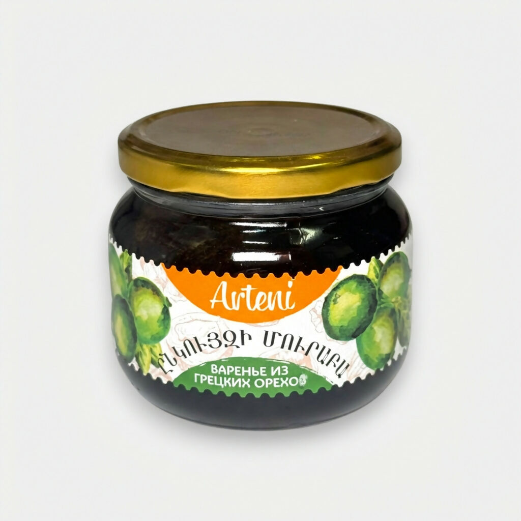 Confiture de noix Arteni 450 g, bocal en verre avec noix entières visibles, spécialité d’épicerie slave sur Pomo.bio, livraison rapide à Paris